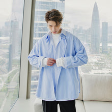 Load image into Gallery viewer, Sicilian men&#39;s autumn fake two-piece striped long-sleeved shirt male Korean version of the trend loose simple shirt jacket
