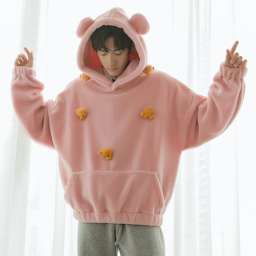 Sicilian men's winter new lamb wool hooded sweater design sense cute bear trend loose long-sleeved men