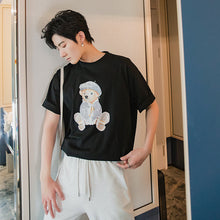 Load image into Gallery viewer, Sicilian men&#39;s clothing Hong Kong style half-sleeved men&#39;s trend loose five-point sleeve men&#39;s bear print white short-sleeved t-shirt
