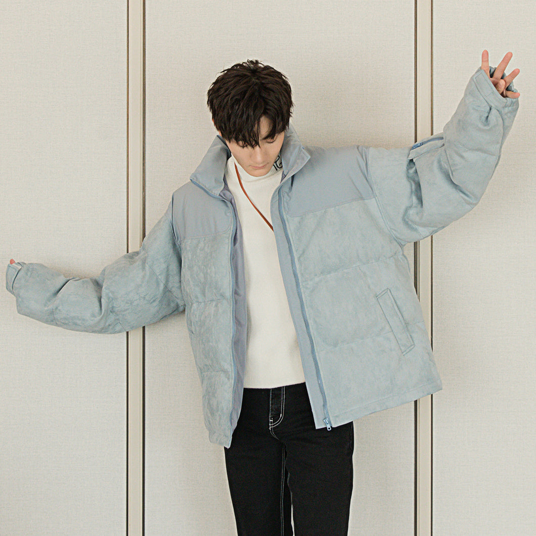 【Spot quick delivery】Men's deerskin velvet stitching loose thickened stand-up collar cotton jacket men's winter