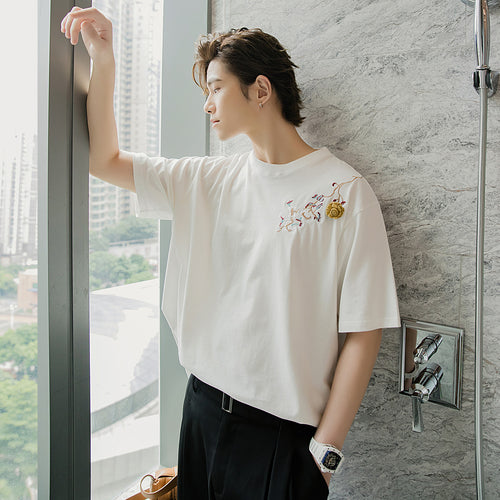 Sicilian men's summer Hong Kong style short-sleeved men's tide brand trend loose five-point sleeve men's black embroidered t-shirt