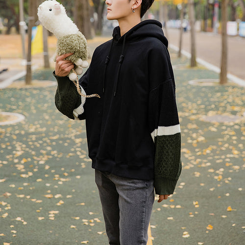 Sicilian men's shirt loose plus velvet thick knit stitching hooded sweater men's Korean trend