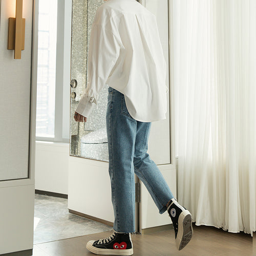 Sicilian men's spring and autumn loose straight-leg casual pants men's Korean trend men's nine-point light blue jeans