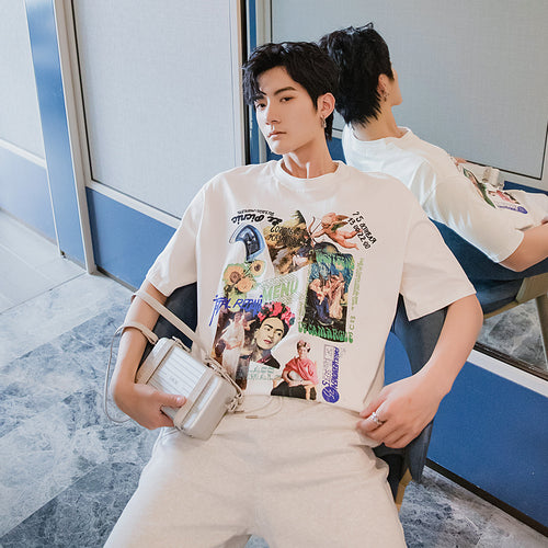 Sicilian men's summer printing short-sleeved men's tide brand trend five-point sleeve loose men's half-sleeved white t-shirt