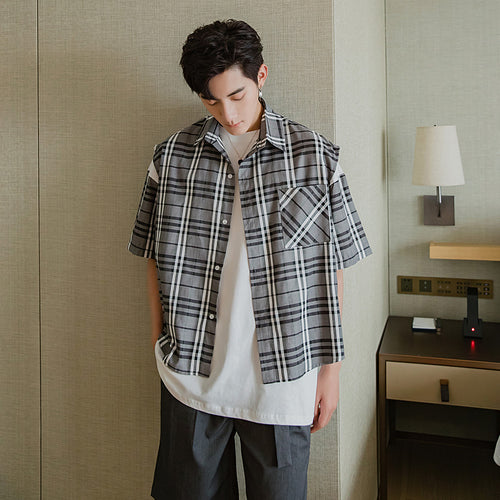 Sicilian men's summer thin stitching plaid shirt men's Korean version of the trend of loose vest shirt two-piece