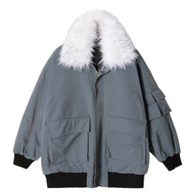 Load image into Gallery viewer, 【Spot quick delivery】Fur collar hooded cotton coat men&#39;s loose thicker haze blue coat men&#39;s winter
