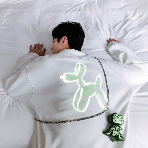 Sicilian men's white long-sleeved white long-sleeved back reflective accessories men's bag dinosaur loose trend casual sweater