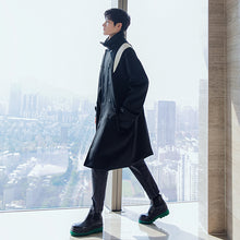 Load image into Gallery viewer, Sicilian men&#39;s winter Japanese style loose handsome jacket contrast color stand-up collar double-breasted mid-length woolen coat
