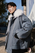 Load image into Gallery viewer, 【Spot quick delivery】Fur collar hooded cotton coat men&#39;s loose thicker haze blue coat men&#39;s winter
