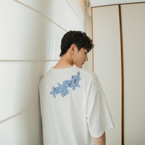 Sicilian men's summer white short-sleeved men's tide brand trend loose five-point sleeve men's half-sleeved embroidered t-shirt