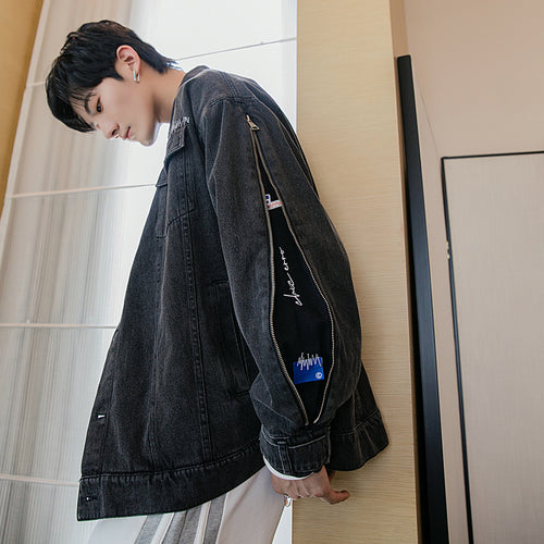 Sicilian men's spring new lapel denim jacket zipper embroidery Korean trend loose handsome jacket men
