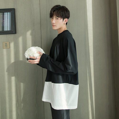 Sicilian men's spring Korean men's inner base shirt loose stitching round neck long-sleeved t-shirt men's trend