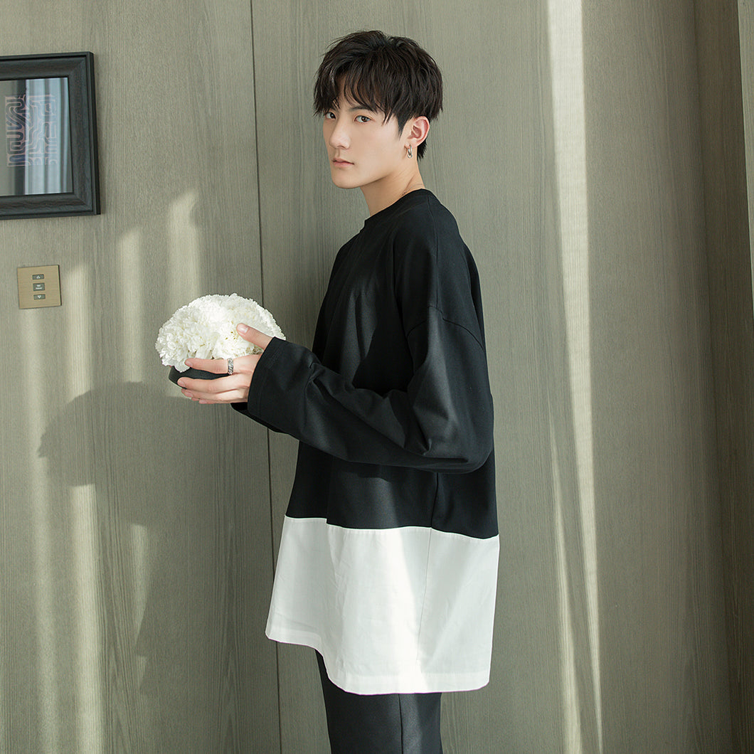 Sicilian men's spring Korean men's inner base shirt loose stitching round neck long-sleeved t-shirt men's trend