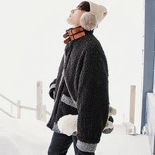 Load image into Gallery viewer, 【Spot quick delivery】Fast delivery ~ thick black loose coat with lamb fur collar on both sides
