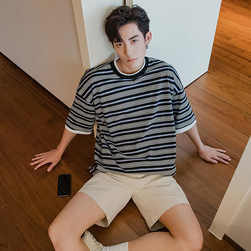 Sicilian men's summer Hong Kong style half-sleeved men's tide brand trend loose men's fake two striped short-sleeved t-shirts