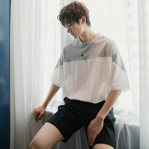 Sicilian men's summer Hong Kong style short-sleeved men's tide brand trend men's loose five-point sleeve design sense stitching t-shirt