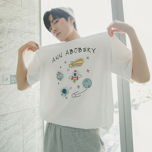 Sicilian men's letter printing short-sleeved T-shirt men's creative starry sky patch stickers casual summer new t-shirt