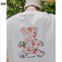 Load image into Gallery viewer, Sicilian men&#39;s embroidery flowers round neck short-sleeved t-shirt men&#39;s summer casual tide brand men&#39;s bear loose top
