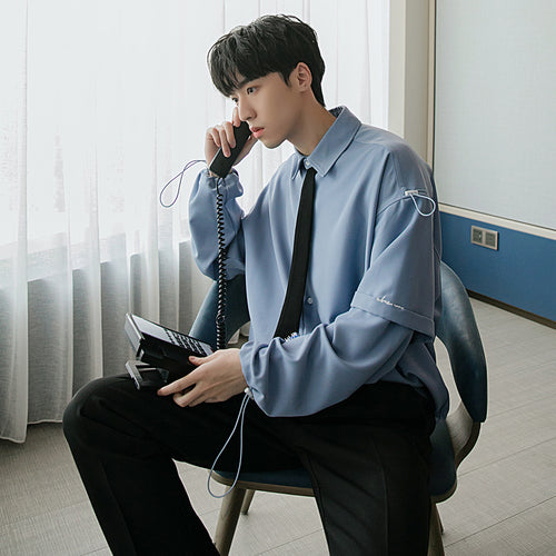 Sicilian men's spring new style college style tie shirt male fake two-piece stitching letter embroidery Korean handsome