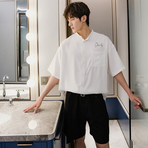 Sicilian men's summer short-sleeved white shirt male Korean version of the trend of men's loose white five-point sleeve stand-up collar shirt