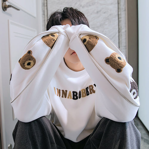 Sicilian Men's Spring Bear Flocking Long Sleeve Round Neck Sweater Boys Loose Trend All-match Design Top