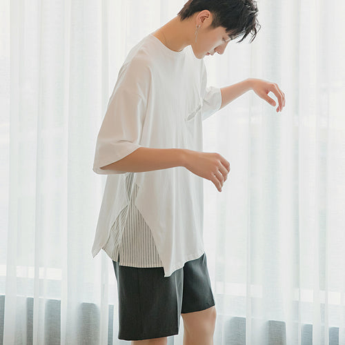 Half-sleeved men's trend loose five-point sleeves boys striped stitching holes white short-sleeved t-shirt