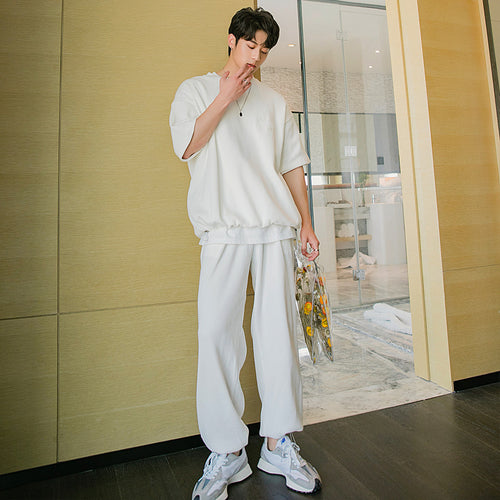 Sicilian men's spring loose-fitting casual pants sports suit men's short-sleeved sweater round neck two-piece suit