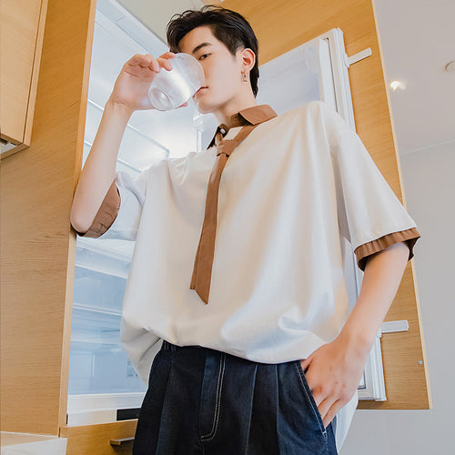 【Limited Time Special】Design sense fake two-piece tie shirt male Korean style trend loose boys short-sleeved shirt