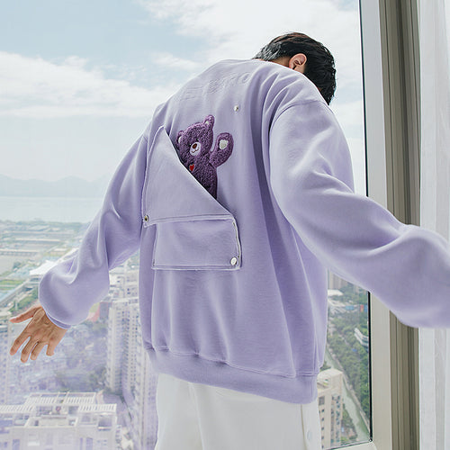 Sicilian men's pullover long-sleeved top design sense of back flocking letters cute bear loose round neck sweater