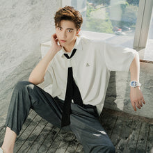 Load image into Gallery viewer, Sicilian men&#39;s college style tie short-sleeved white shirt men&#39;s Korean version of the trend loose men&#39;s ice silk white shirt
