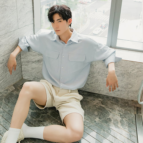 Sicilian men's summer thin three-quarter sleeve shirt men's Korean style trendy handsome loose men's short-sleeved shirt