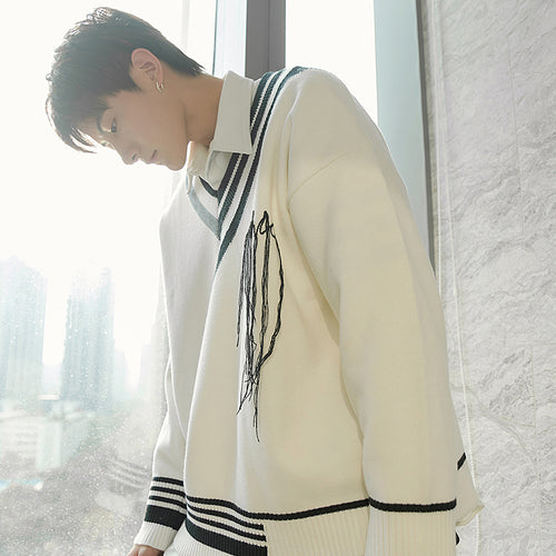 Sicilian men's V-neck sweater men's autumn trend irregular personality stitching college style sweater men's Korean version