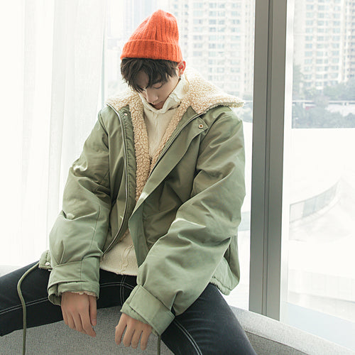 Sicilian men's thick lamb wool stand-up collar cotton-padded jacket Korean version of the trend of men's loose jacket men's tide autumn and winter