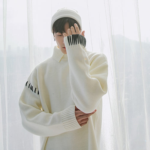 Sicilian men's new white lapel sweater design sense contrast color lazy style men's sweater winter trend