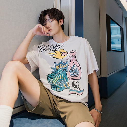 Sicilian men's spring five-point sleeve men's Korean version of the trend loose men's white graffiti print short-sleeved t-shirt