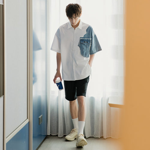 Sicilian men's summer white design short-sleeved shirt male Korean version of the trend of loose men's high-end shirt