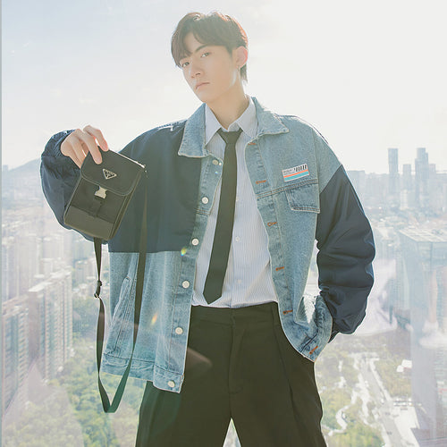 Sicilian men's autumn tide brand stitching washed denim jacket male Korean version of the trend loose men's blue jacket
