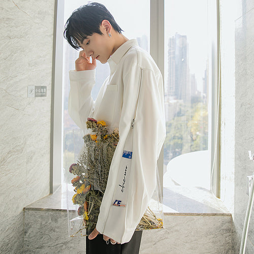 Sicilian men's spring clothes new men's Korean version of the trendy white shirt zipper embroidery loose casual handsome long sleeves