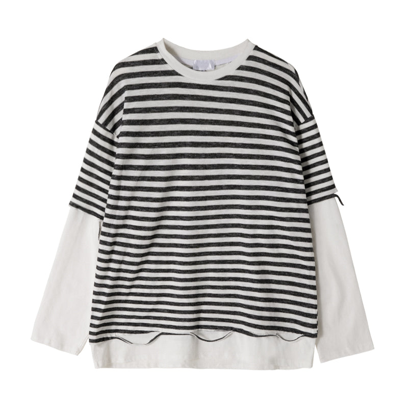 【Limited Time Special】Korean version of the trend of men's loose inner bottoming shirt fake two striped long-sleeved T-shirts for men