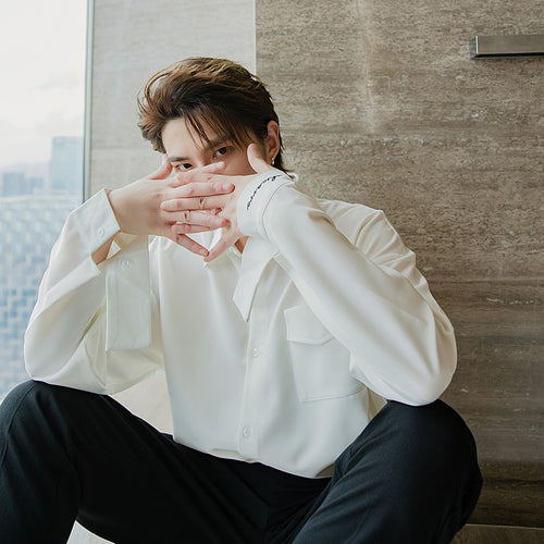 Sicilian men's autumn clothing embroidery white shirt men's Korean version of the trend handsome loose men's white shirt jacket