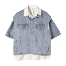 Load image into Gallery viewer, Sicilian men&#39;s summer thin stitching short-sleeved shirt male Korean loose denim vest white shirt suit
