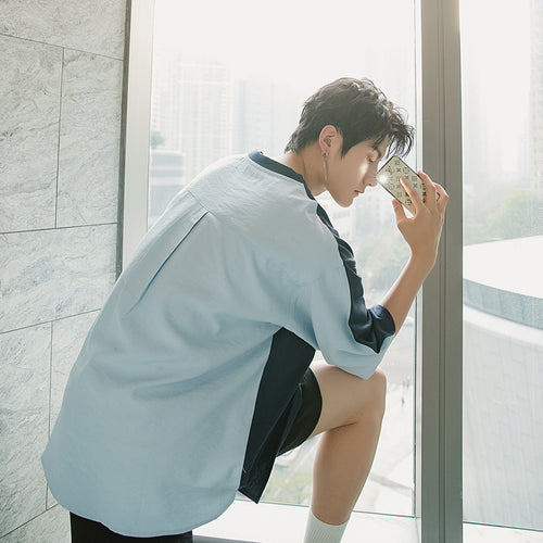 【Limited Time Special】Summer short-sleeved men's tide brand trend loose five-point sleeve men's half-sleeved color matching stitching t-shirt