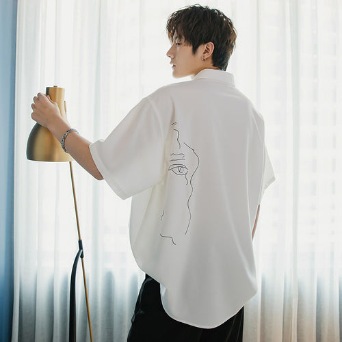 Sicilian men's ice silk short-sleeved white shirt male Korean style trendy handsome loose men's printed white shirt