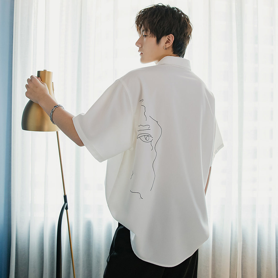 Sicilian men's ice silk short-sleeved white shirt male Korean style trendy handsome loose men's printed white shirt