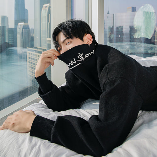 Sicilian men's winter new men's printed letter sweater Korean version of loose casual all-match turtleneck sweater