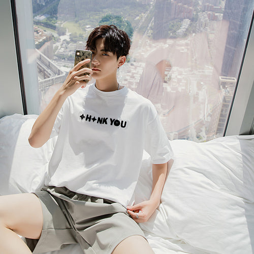 Sicilian men's clothing Hong Kong style short-sleeved men's tide brand trend loose men's five-point sleeve letter embroidery white t-shirt