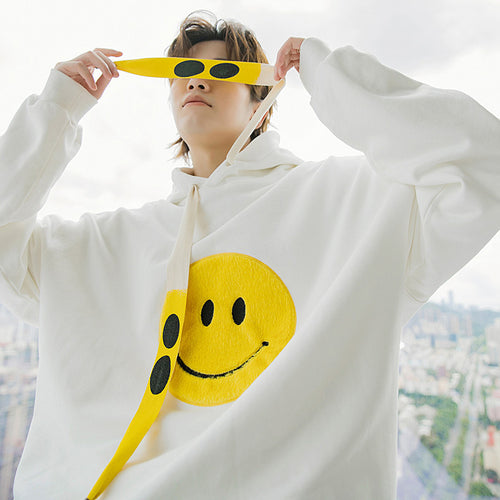Sicilian Men's Men's Korean Tops Loose Lazy Smiley White Hooded Sweater Men's Trend