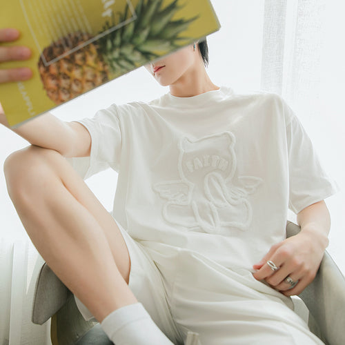 Sicilian men's round neck short-sleeved t-shirt men's trendy brand loose cartoon bear print top casual white compassionate shirt