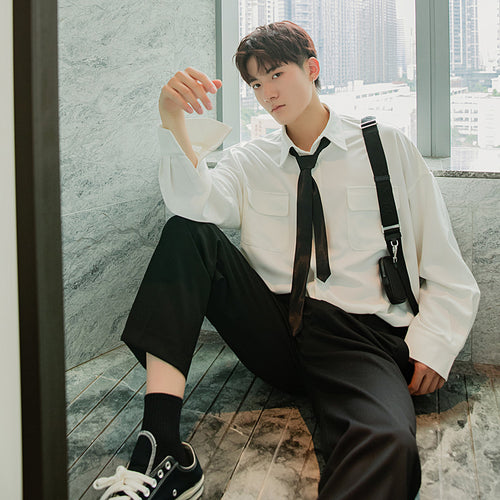 【Take a 40% off straight down】College wind tie white shirt Korean fashion casual men's white shirt jacket