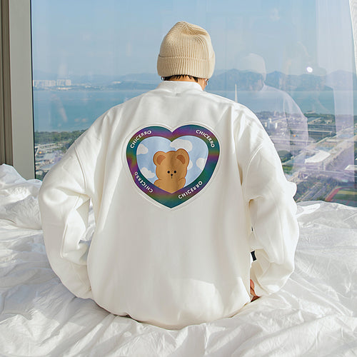 Sicilian men's new style loose long-sleeved back cute reflective bear trend all-match white high-neck sweater